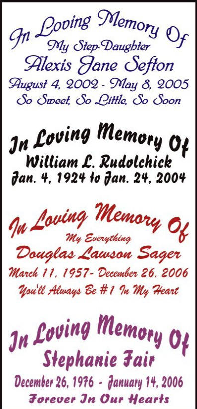Larger Sized <br>Die-Cut <br>In Loving <br>Memory Decals <br><br>Starting At <br>$20.00 each